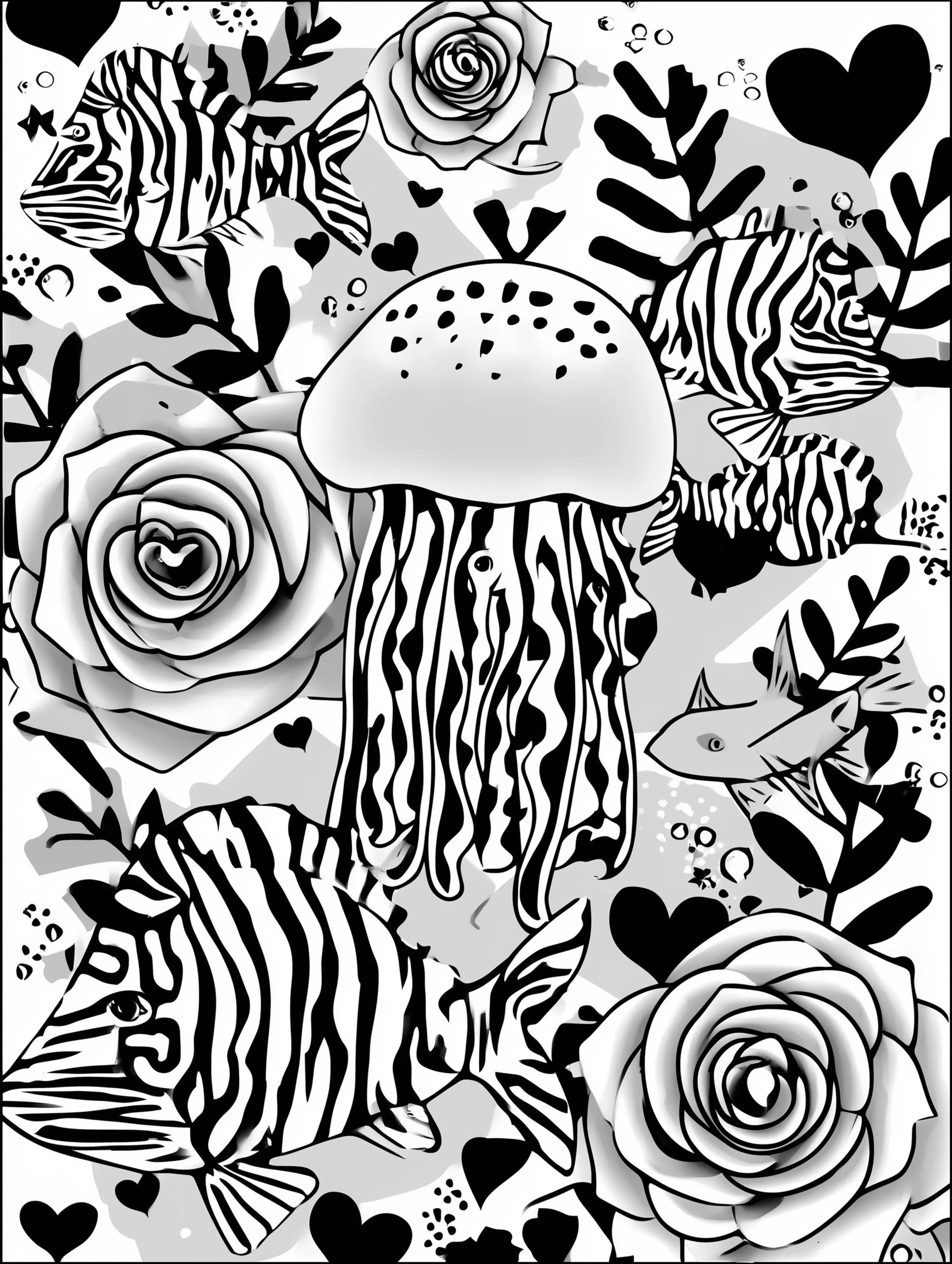 Free printable jellyfish coloring page for adults featuring jellyfish swimming upward
